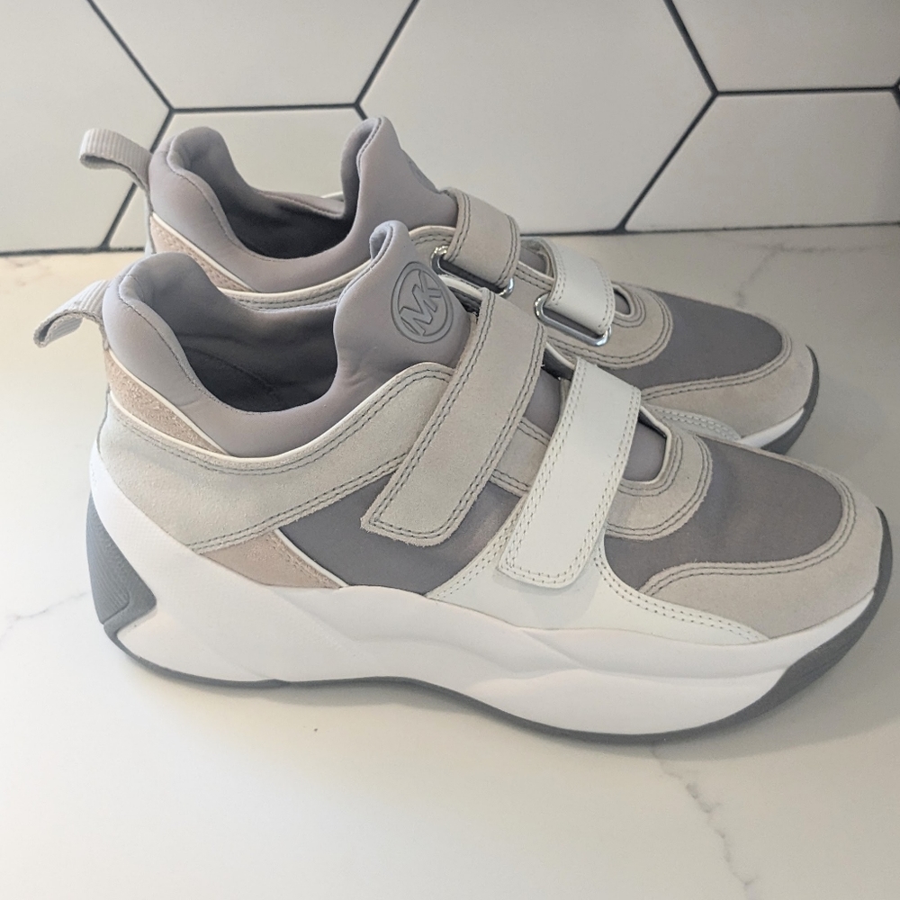 Michael Kors Keely Platform Grey Pink White Suede Sneakers Size 8.5